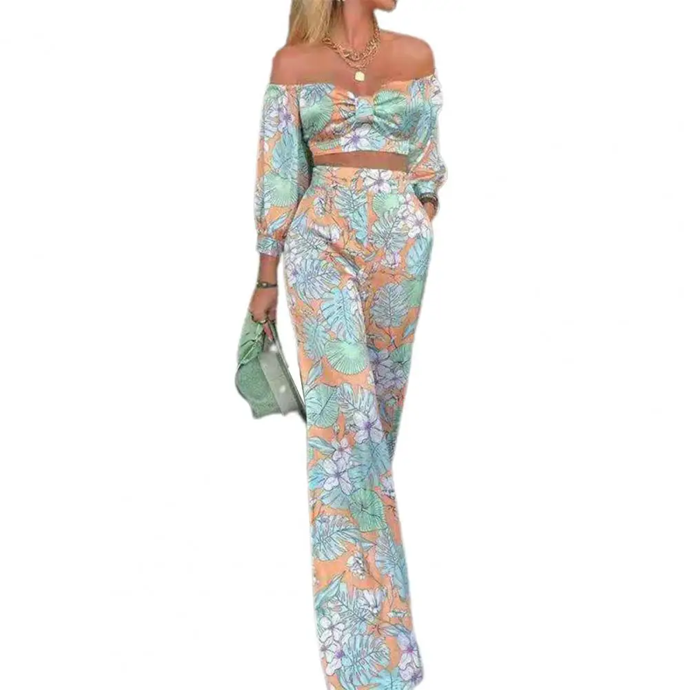 Two Piece Women Set Flare Pants Crop Top Summer Sets Floral Print Off Shoulder Sexy Outfits Half Sleeve Trousers Suits Beach