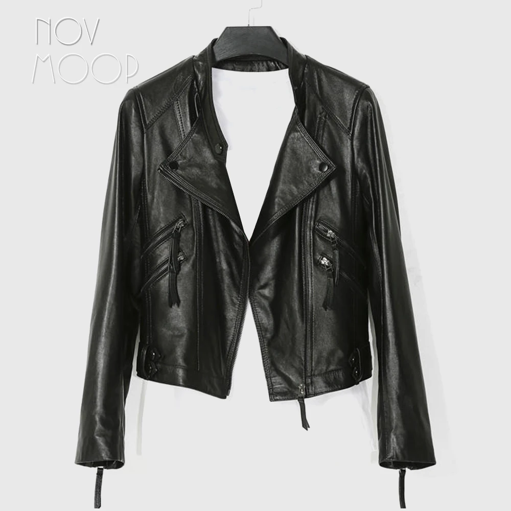 

Novmoop 2020 Italy chic style genuine leather sheepskin motocycle women jacket with zip decor LT3265