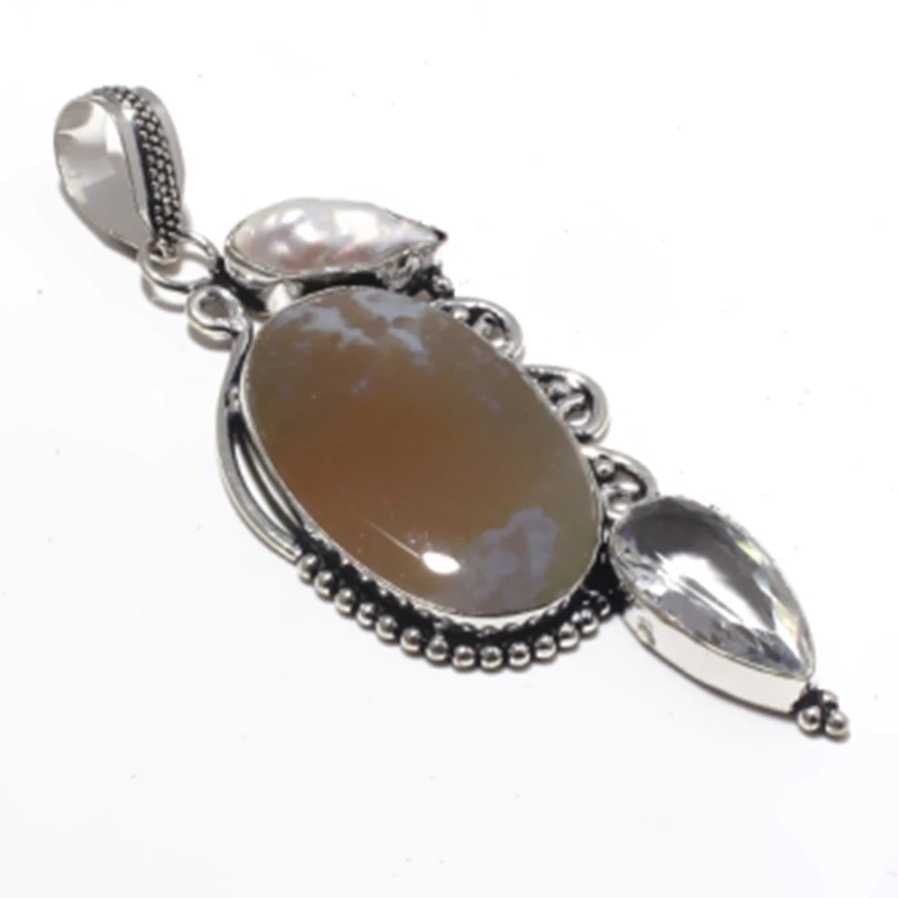 Agates +  White Topas + Biwa Pearls  Pendant Silver Overlay over Copper Jewelry , 82  mm, P7282