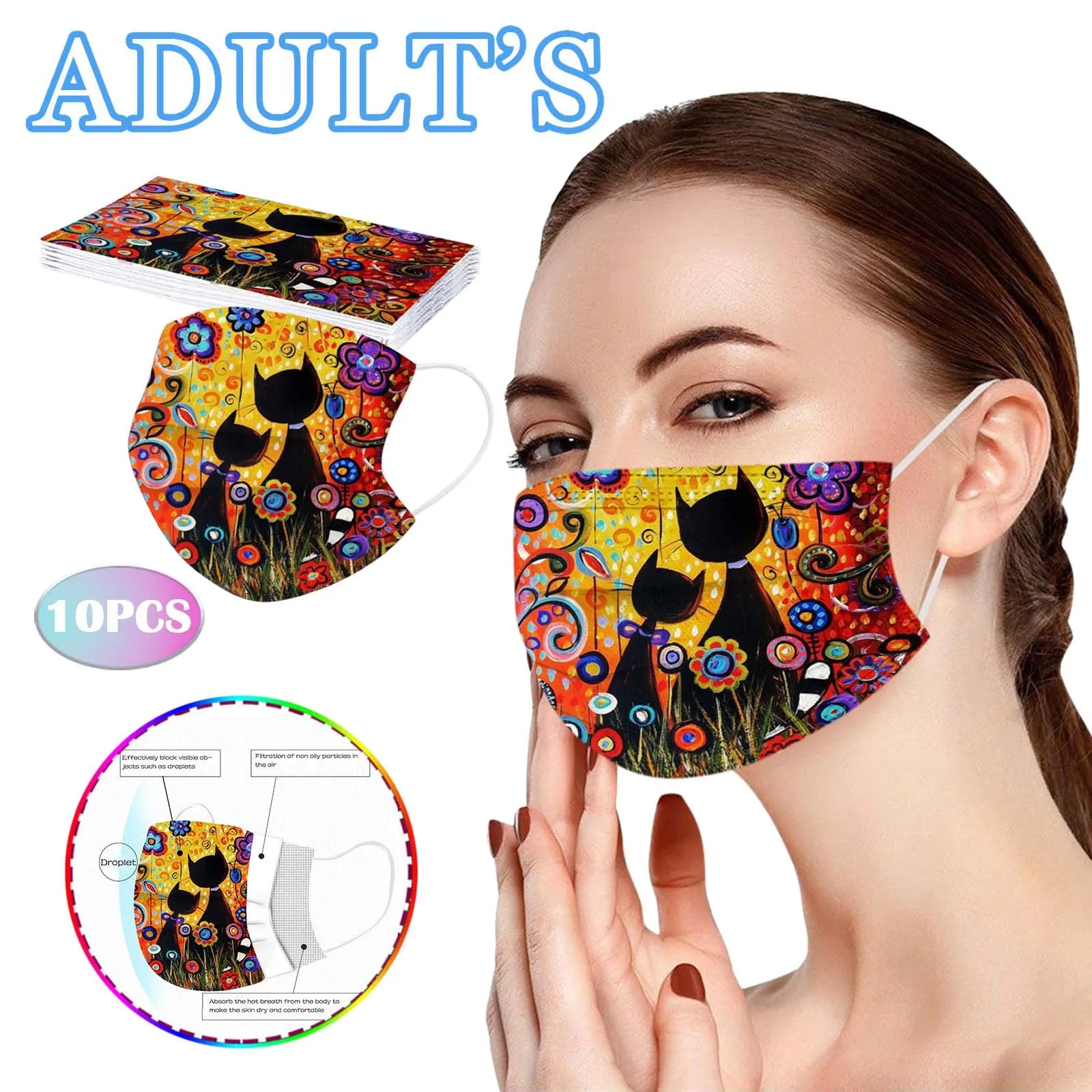 10pc Adult Flowers Cat Cartoons Printing Three-layer Disposable Mask Mascarillas Christmas Mascherine Masque jetables Cosplay