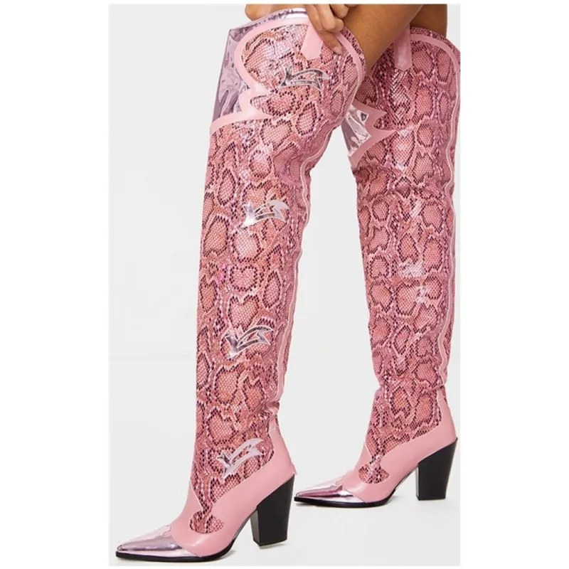 Women's Fashion Snake Print Pointed Knee High Boots Pink Sexy Chunky Heel Slip On Comfortable Autumn Winter Boots