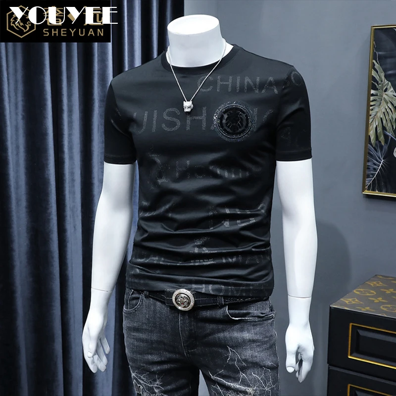 Short Sleeve T-shirt Men\'s Slim Embroidered Light Luxury New Trend Summer Round Neck Male Tees Top Man Wear Clothing M-4XL