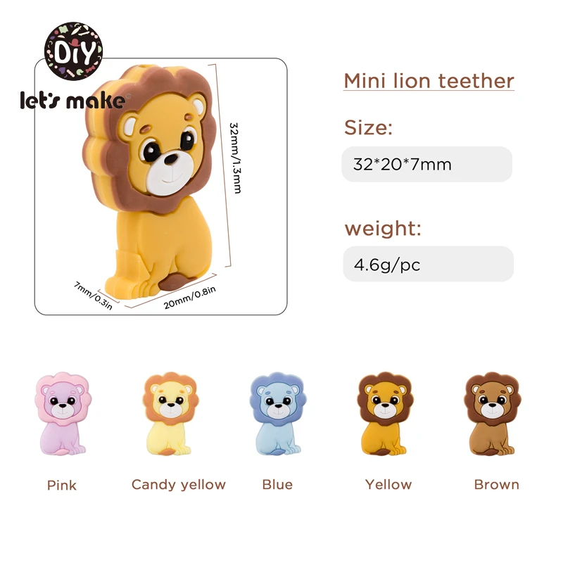 LET'S MAKE – Lot d'anneaux de dentition en forme de lion pour bébé,jouets pour le développement dentaire, perles en silicone, clip attache-tétine, de qualité alimentaire, à thème dessin animé, DIY, 5 pièces,