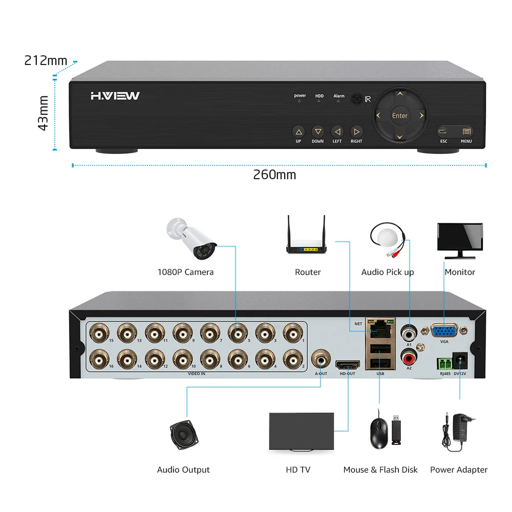 H.View 16ch NVR Video Surveillance Video Recorder CCTV DVR for Home Security Support 4TB SATA HDD 1080P Video Output H.264 DVR