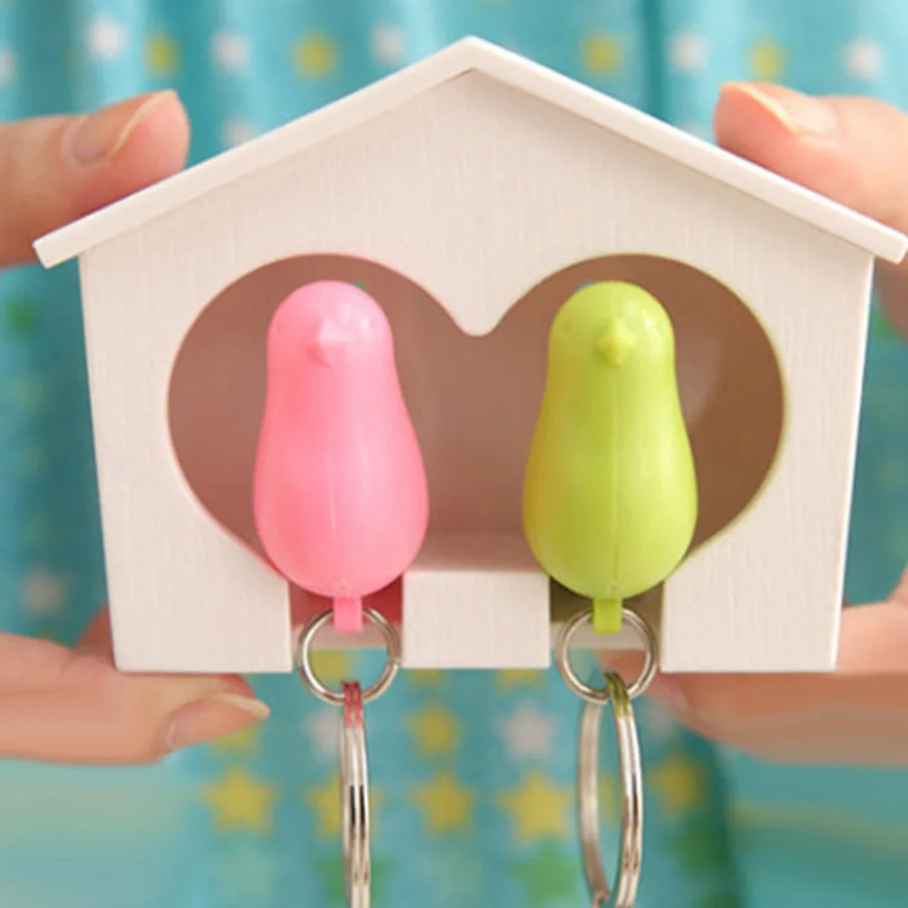 2Pcs Bird Keychain + 1Pc Sparrow Birdhouse Home Wall Mount Key Ring Holder House Nest Whistle Key Holder Chain Ring  Decor view 4