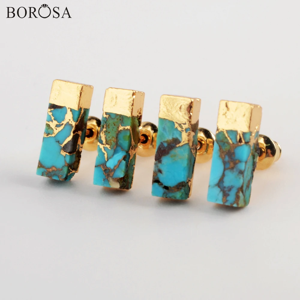 

BOROSA Rectangle Gold Plating Natural Turquoises Stud Earrings with Gold Vein Gems Copper Turquoises Earrings for Women G1987