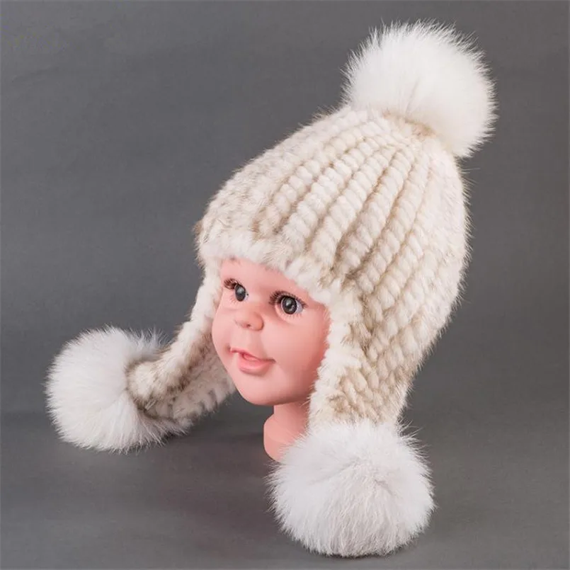 Kids Hat Winter Boy Warm Real Mink Fur Hats for Girls Natural Fox fur Pompom Cap with Earflap Children  H39