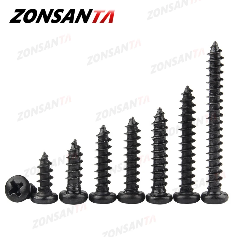 ZONSANTA Pan Runde Kopf Blechschraube M 1,2 M 1,4 M 1,7 M2 M 2,2 M 2,6 M3 M 3,5 M4 Kleine Carbon stahl Kreuz Phillips Schwarz Schraube