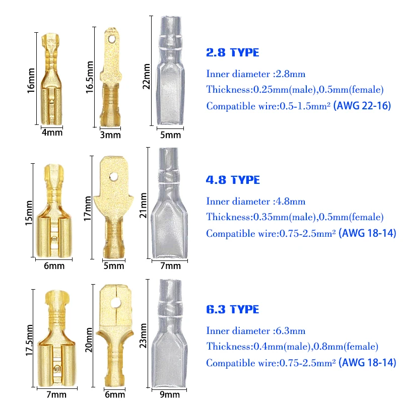 100Pcs/lot 2.8/4.8/6.3mm Female and male Crimp Terminal Connector Gold Brass/Silver Car Speaker Electric Wire Connectors Set