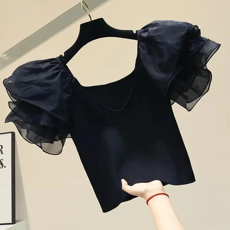 New Chic Summer Crop Sexy Top Women Sweetheart Neckline Shirts Slim Petal Short Sleeves Organza Shirt Elegant Short Blouse