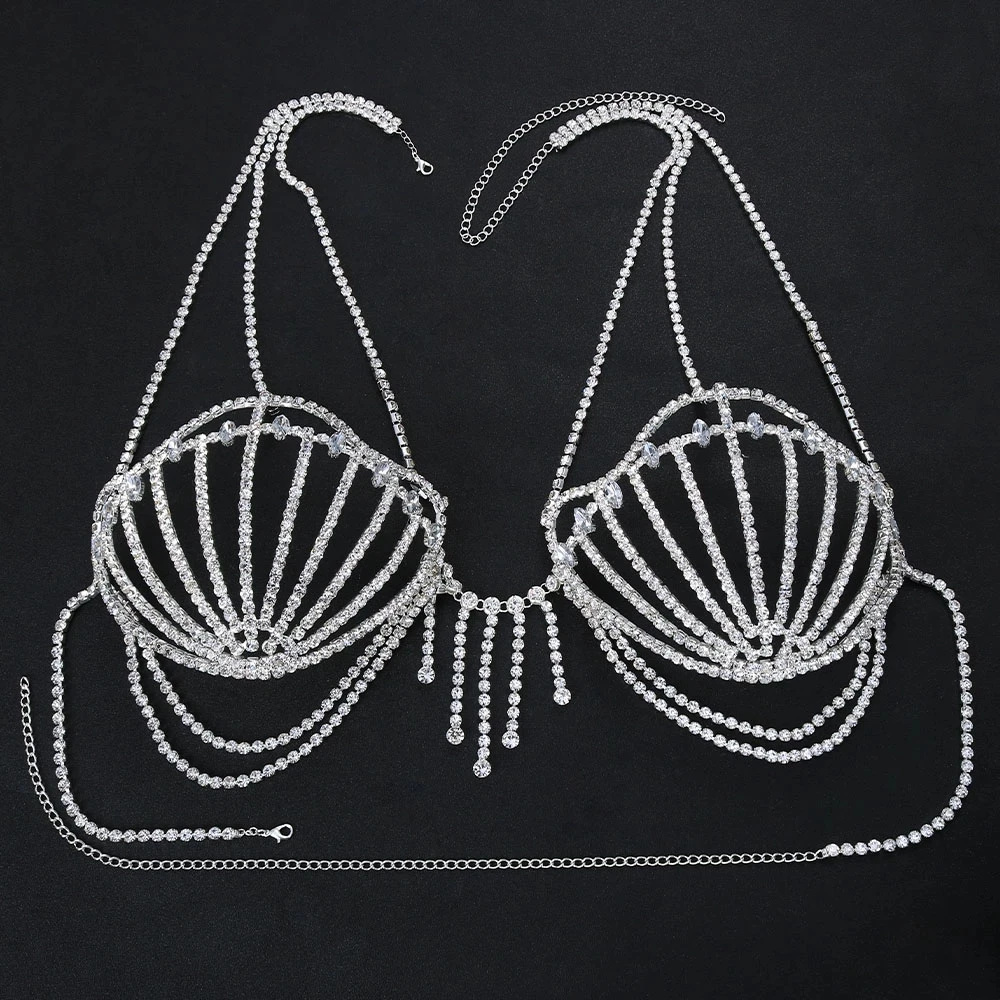 Stonefans New Sea Shell Bra Top Woman Crystal Lingerie Chain Apparel Stripper Outfit Dancewear Exotic Lingerie Wholesale Pendant