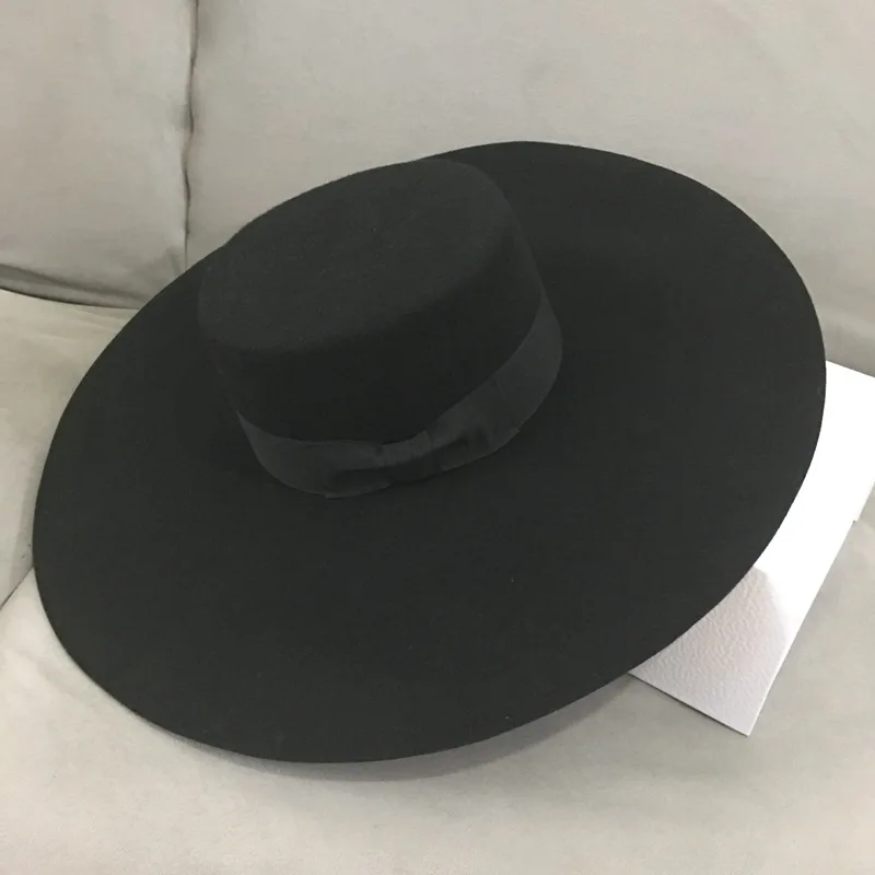 Sombrero Fedora de lana de ala ancha para mujer, sombrero de fieltro negro con lazo plano flexible, estilo Retro, grande y cálido, sombrero de