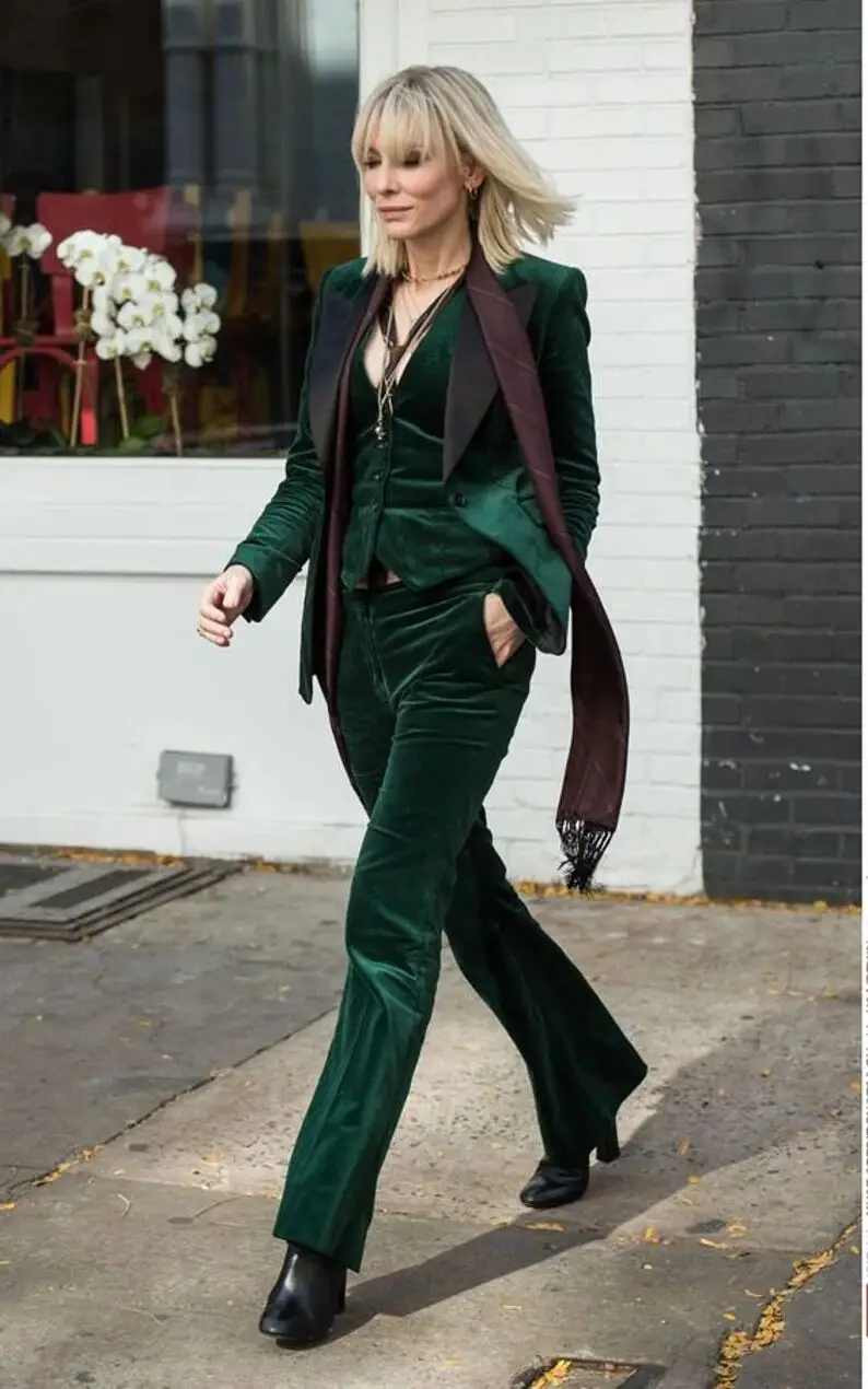 Green Women Velvet Blazer Suits Custom Made One Button Pocket 3 Pieces Set Slim Fit Fashion Elegant Streetwear Dress