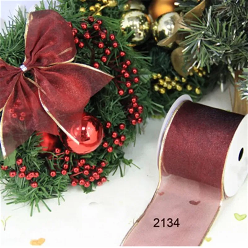 

63MM X 25yards Gold edge burgundy organza ribbon wired edges for gift box wrapping N2134