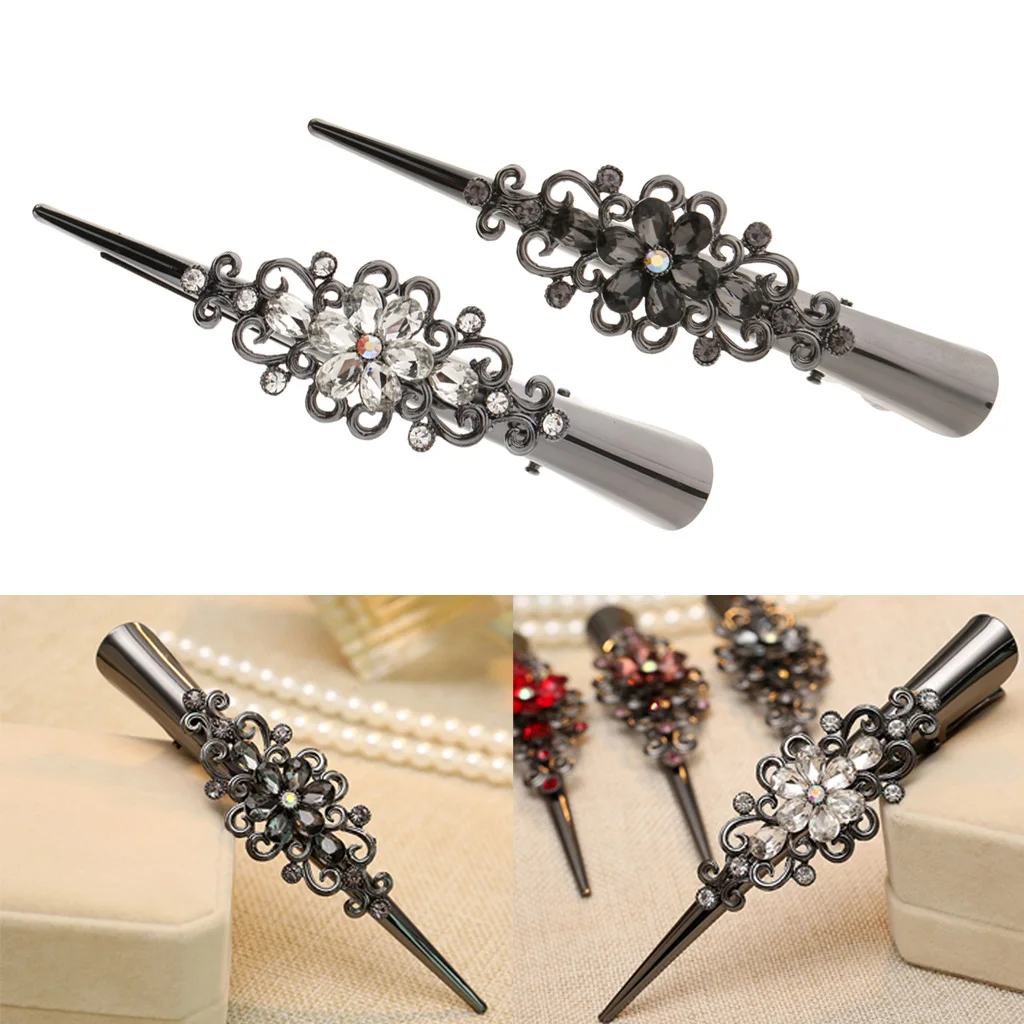 2PCS Elegant Crystal Rhinestone Flower Large Alligator Long Duck Bill Hair Clips Hairpin Hair Jewelry Accessories for Women