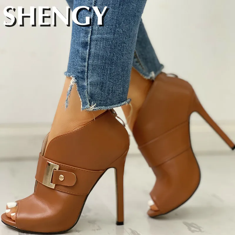 SHY Summer Women High Heels Sandals Stiletto Peep Toe Ladies Pumps Sexy Buckle Strap Zipper Platform Party Office Shoes