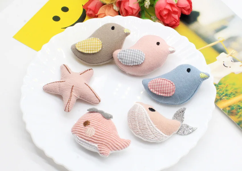 Sweet fish and bird doll padded patches, appliques for clothes, sewing supplies, hair decoration, 4cm, 20 pcs/lot