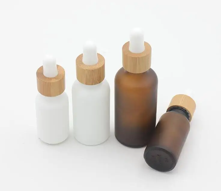 15ml 30ml 50ml Frosted Amber White Glass Dropper Bottle with Bamboo Cap 1oz Glass Bamboo Essential Oil Bottle