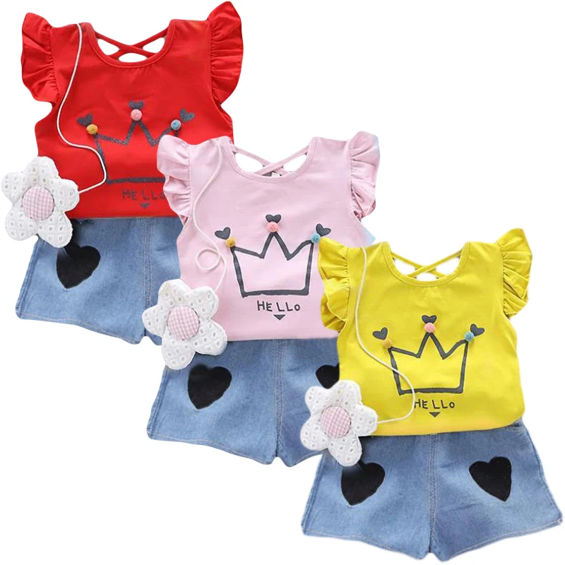 

2021 New summer Boy Clothing Sets girls clothing new letter flower pattern short sleeve + denim shorts girls Suit 0-4Y