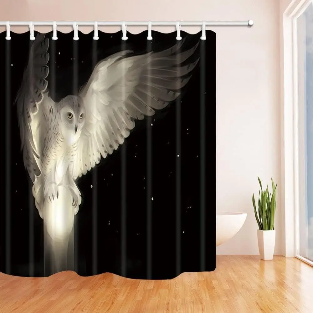 Wild Animals White Owl Shower Curtains Birds Flying at Night Sky and Catch A Bright Ball Bath Curtain, Polyester Bathroom Decor