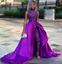 Purple Lace Stain Evening Jumpsuit with Train 2022 High Neck Beaded African Aso Ebi Arabic Occasion Prom Dresses with Pant Suit