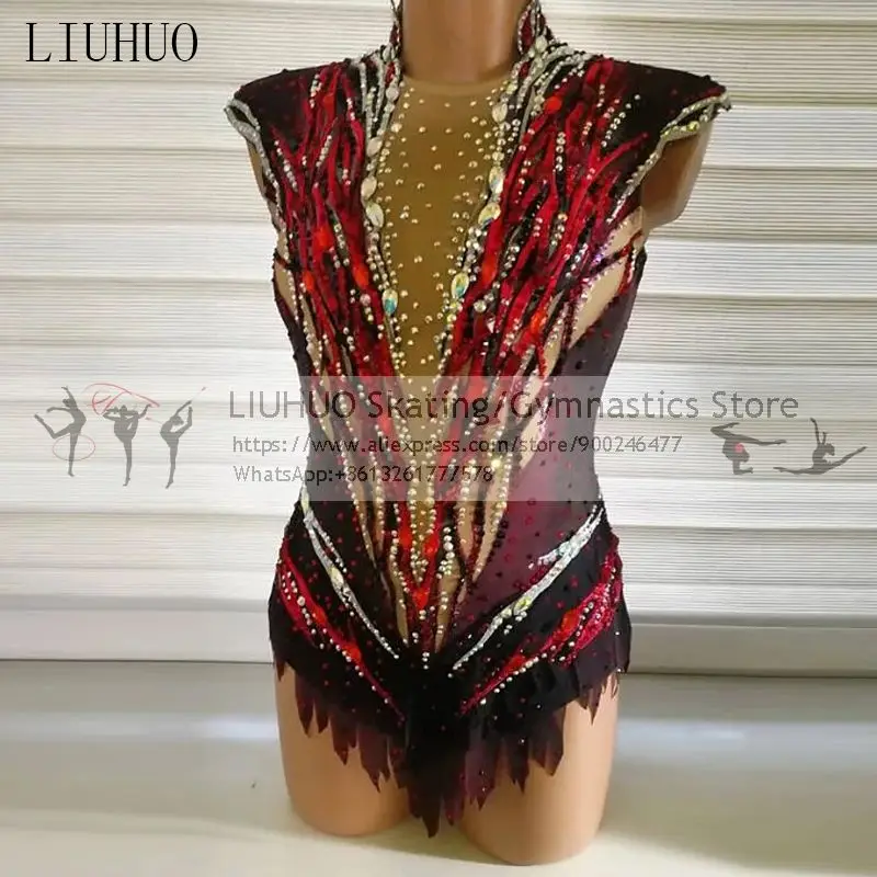 Vestido de patinaje sobre hielo para niñas y mujeres, elegante vestido rojo rítmico, diamantes de imitación de competición, patinaje sobre hielo