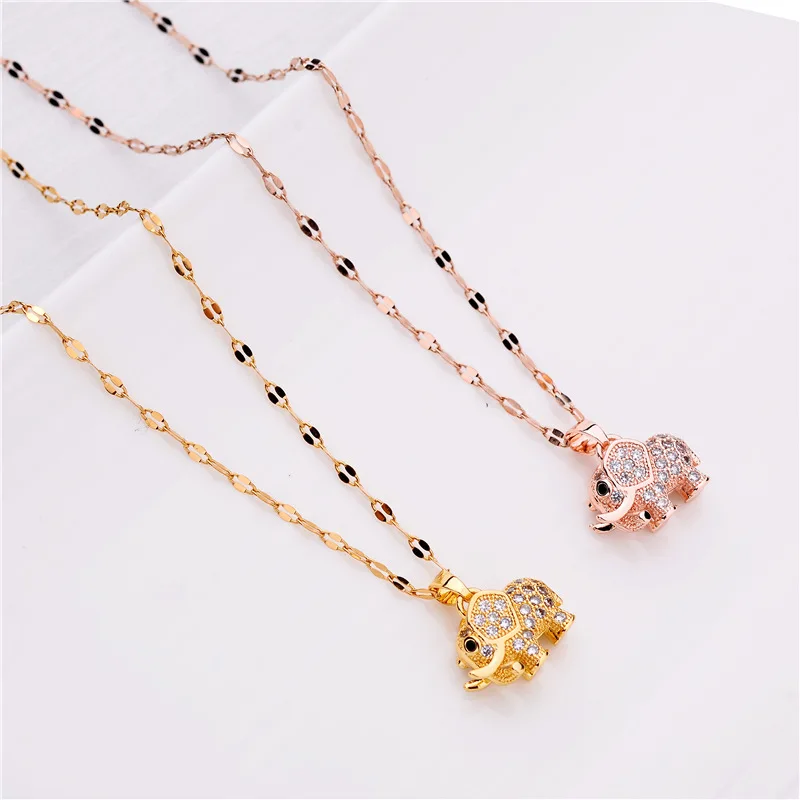 Cute Zircon Crystal Little Elephant Pendant Women Necklaces Female Stainless Steel Clavicle Chain Girl\'s Daily Wear Neck Jewelry