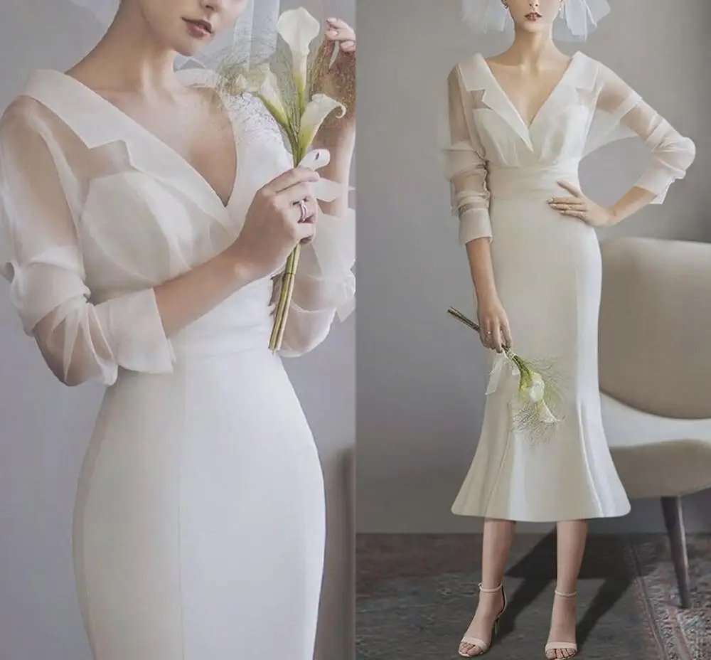 

Elegant Ivory Mermaid Evening Dresses Long Sleeves Tea Length Prom Formal 2024 Elegant Party Gowns vestido de festa