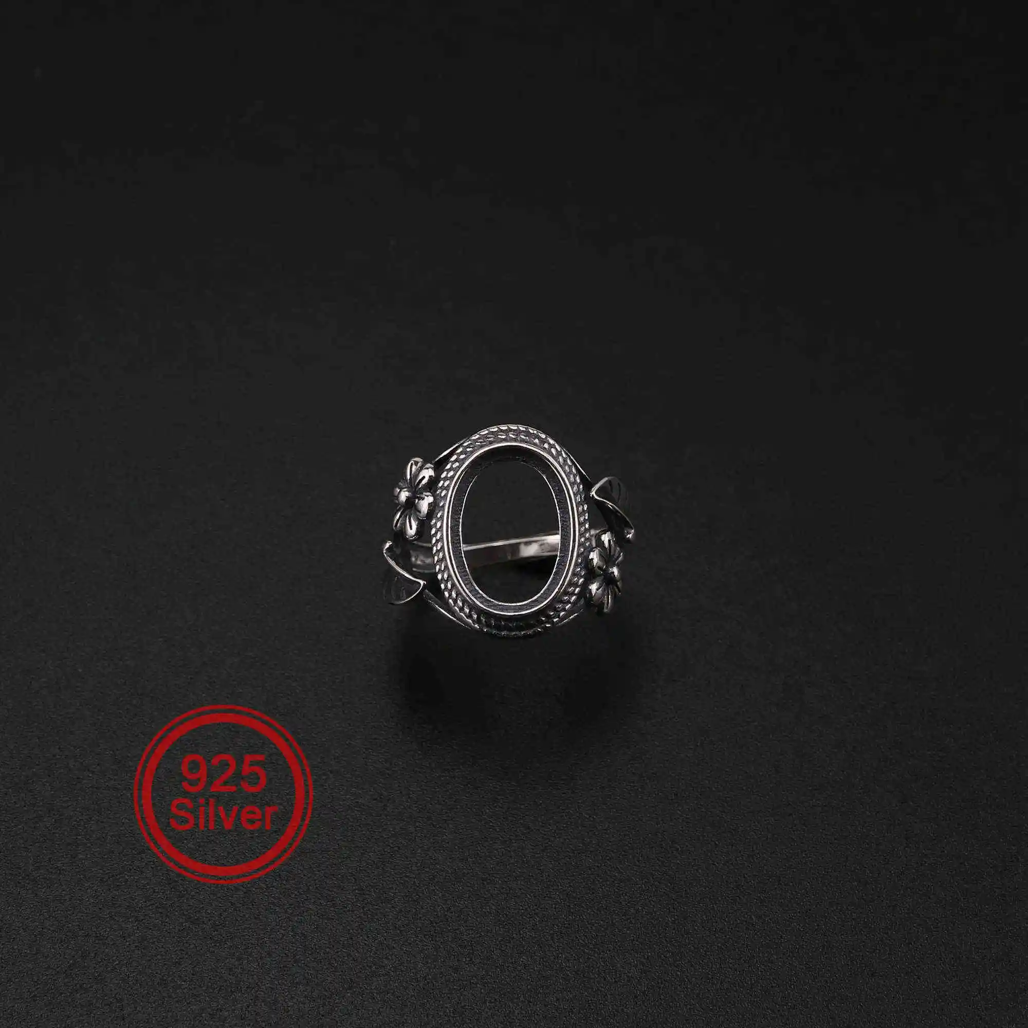 

10x14MM Vintage Style Antiqued Solid 925 Sterling Silver Oval Bezel Flower Adjustable Ring Settings for Cabochon Stone 1223103