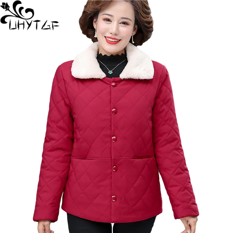 UHYTGF Winter Short Coat Woman Fleece Cashmere Thicken Warm Cotton Jacket Female Short 5XL Large Size Parker Outerwear 1925