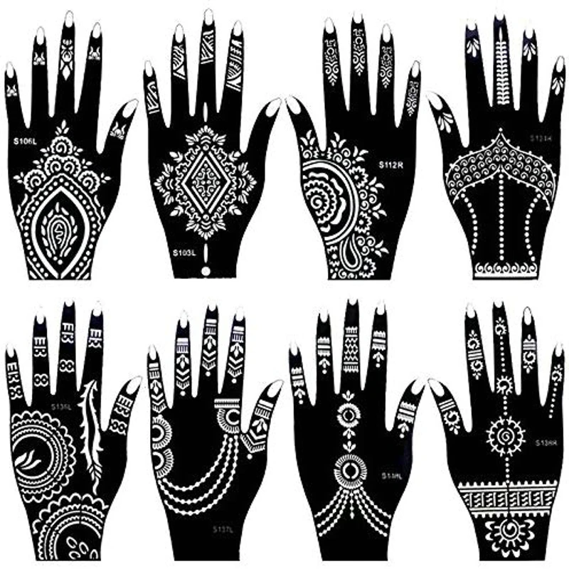 

8 Sheets India Henna Tattoo Stencil for Women Girls Hand Finger Body Paint Temporary Self-Adhesive Reusable Tattoo Templates