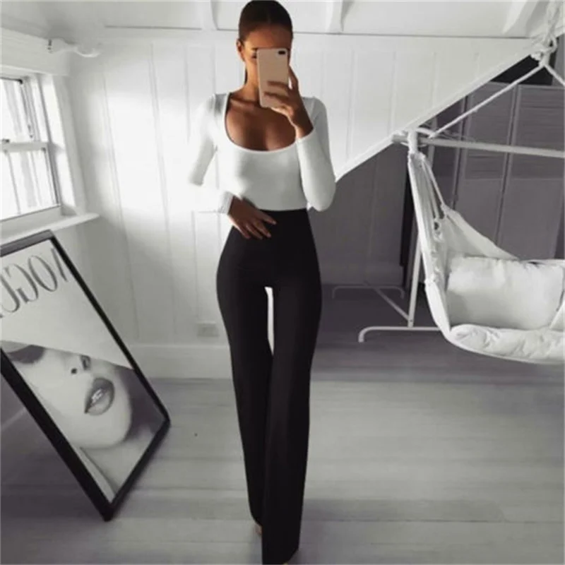 Womens Solid Color High Waist Flare Pants Ladies Trousers Bell Bottom Long Pants Black/White/Blue/Khaki/Burgundy