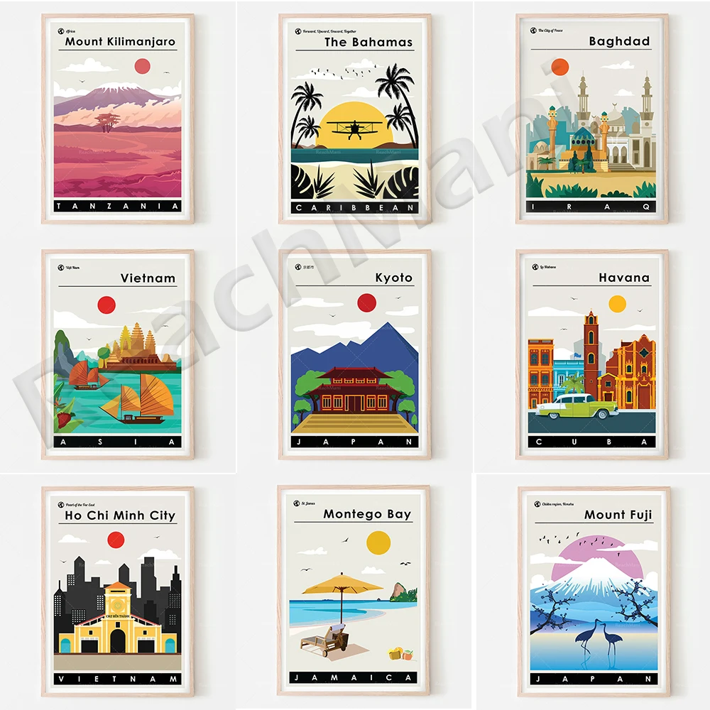 Travel posters, Sri Lanka, Vietnam, Montego Bay, Thailand, Trinidad printing-modern living room bohemian home canvas wall art po