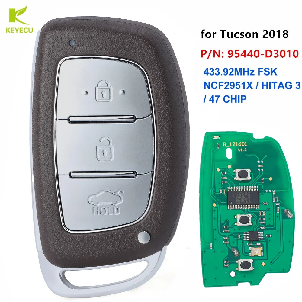 

KEYECU Replacement Smart Car Key Keyless Fob 3 Button FSK 433.92MHz ID47 Chip for Hyundai Tucson 2018 2019 2020 P/N: 95440-D3010