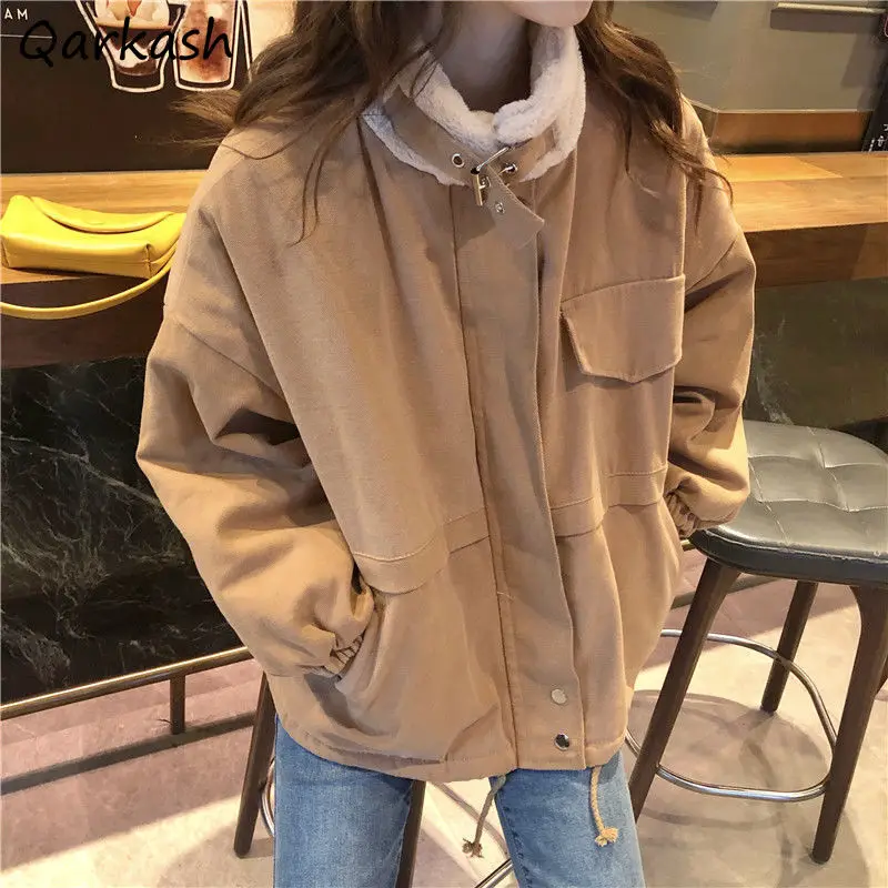 Parkas Women Stand Collar Feminine Harajuku Chic Patchwork Loose Streetwear Preppy Style Classy Ins Aesthetic Winter Thicker New