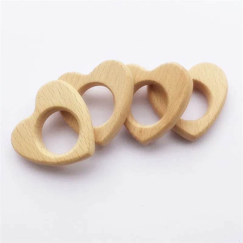 Chenkai 10pcs Wood Heart Teether Ring DIY Organic Eco-friendly Unfinished Nature Baby Rattle Teething Grasping Cartoon Toy