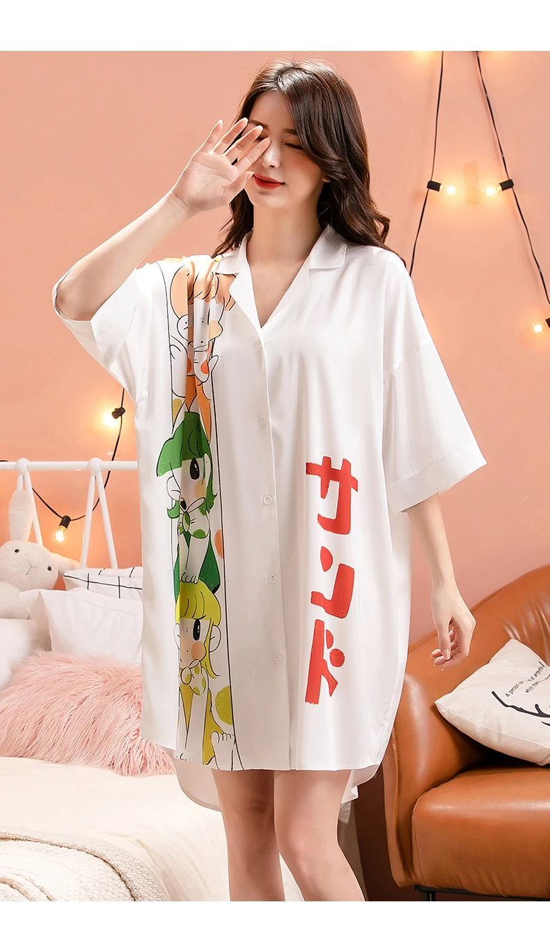 

Korean Style Pajamas Sexy Ladies Summer Satin Chiffon V-Neck Large Shirt Skirt Printing Cartoon Nightdress Casual Sleep Fun, Coo