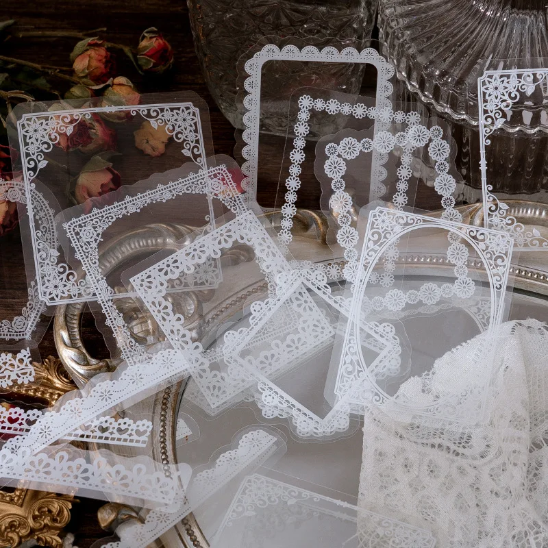 30pcs Transparent Lace Plant Sticker Vintage Photo Frame Decorative Stickers For Scrapbooking Diary Planner Album Diary Notebook