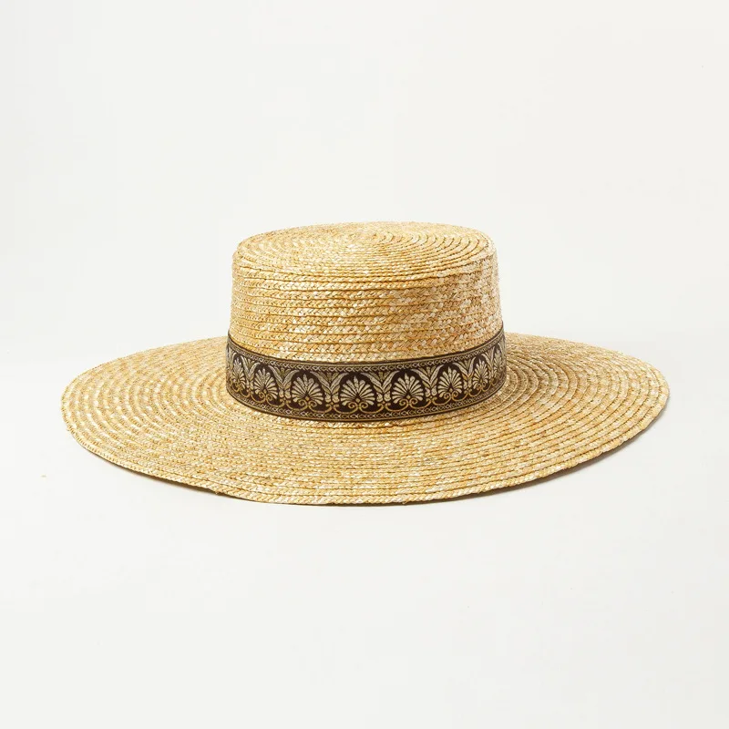 Ethnic Style Ribbon Wide Brim Sun Hat Women Straw Flat Beach Hat Ladies Summer Canotier Vacation Church Kuntucky Derby Hat