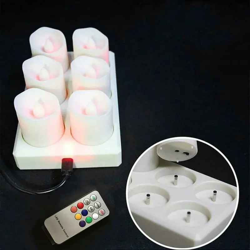 Set of 6 USB rechargeable Remote controlled Flameless Wavy edge LED Candle lamp Tealight Votive Home Lighting decor-Multicolor