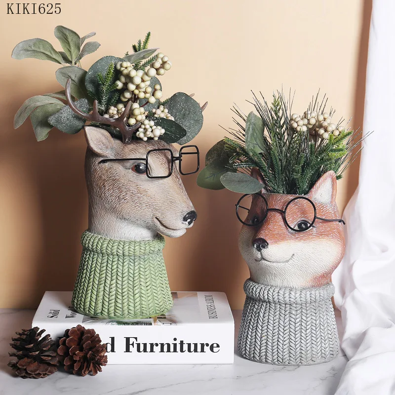 

Modern Cartoon Cute Animal Head Portrait Flower Pot Flower Arrangement Dried Flower Vase Decoration Fox Deer Sculpture Ornament