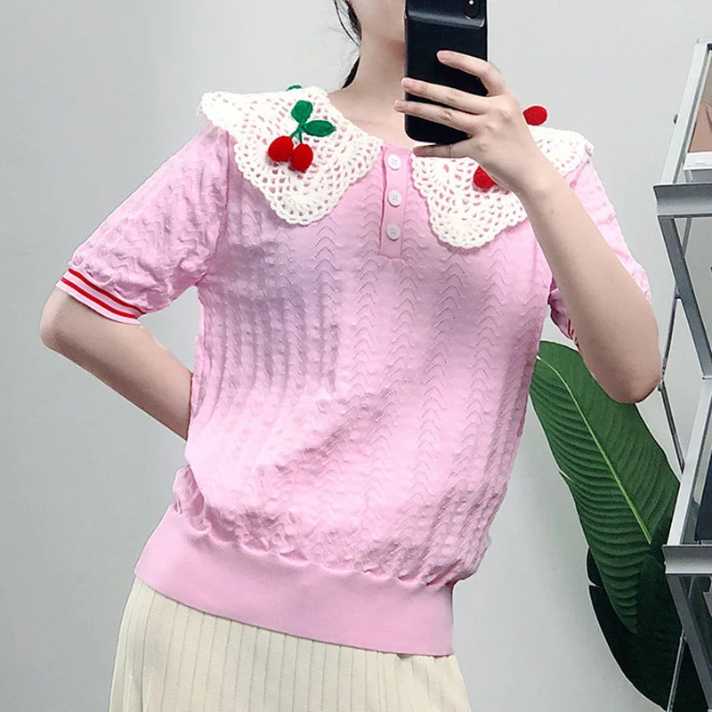 Hand Hook Hollow Out Tops 3D Cherry Appliques Doll Collar Sweater Shirt 2021 Fashion Summer Tops Short Sleeve Knitted T Shirt