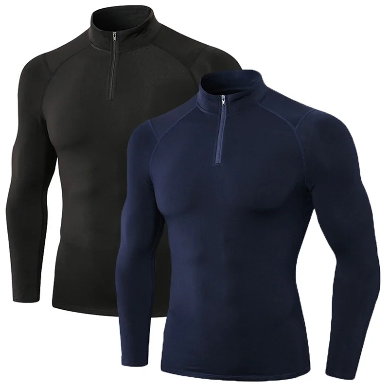 Male Quarter Zip Pullover Mens Thermal Compression Shirt Workout Sports Tops Long Sleeve with Fleece Lined 1 or 2 Pack