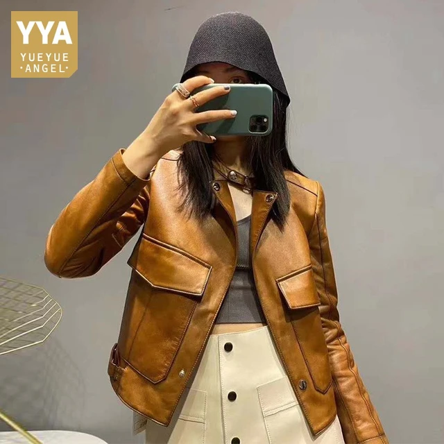 Womens Biker Genuine Leather Short Jacket Spring Autumn New Slim O neck Sheepskin Coat Casual Office Lady Outerwear Big Pockets Genuine Leather AliExpress