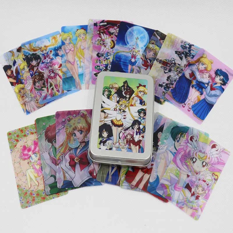 30PCS Sailor Tsukino Game Cards Iron Box Character Table Playing Toys For Family Children Gift