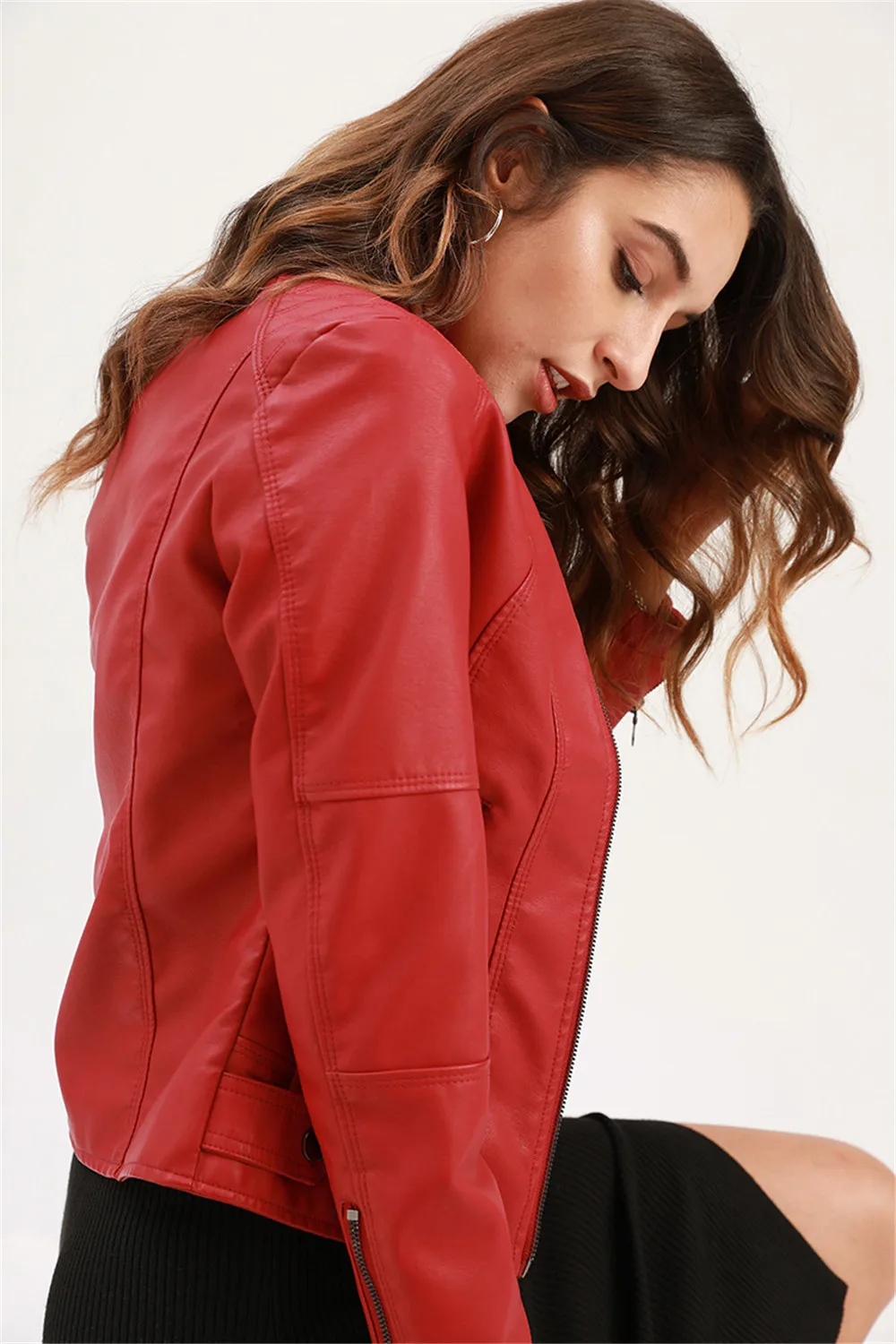 Women Leather Jacket Autumn Thin Ladies Motorcycle Jacket PU Leather Jacket Stand Collar Female Black Faux Leather Outwear