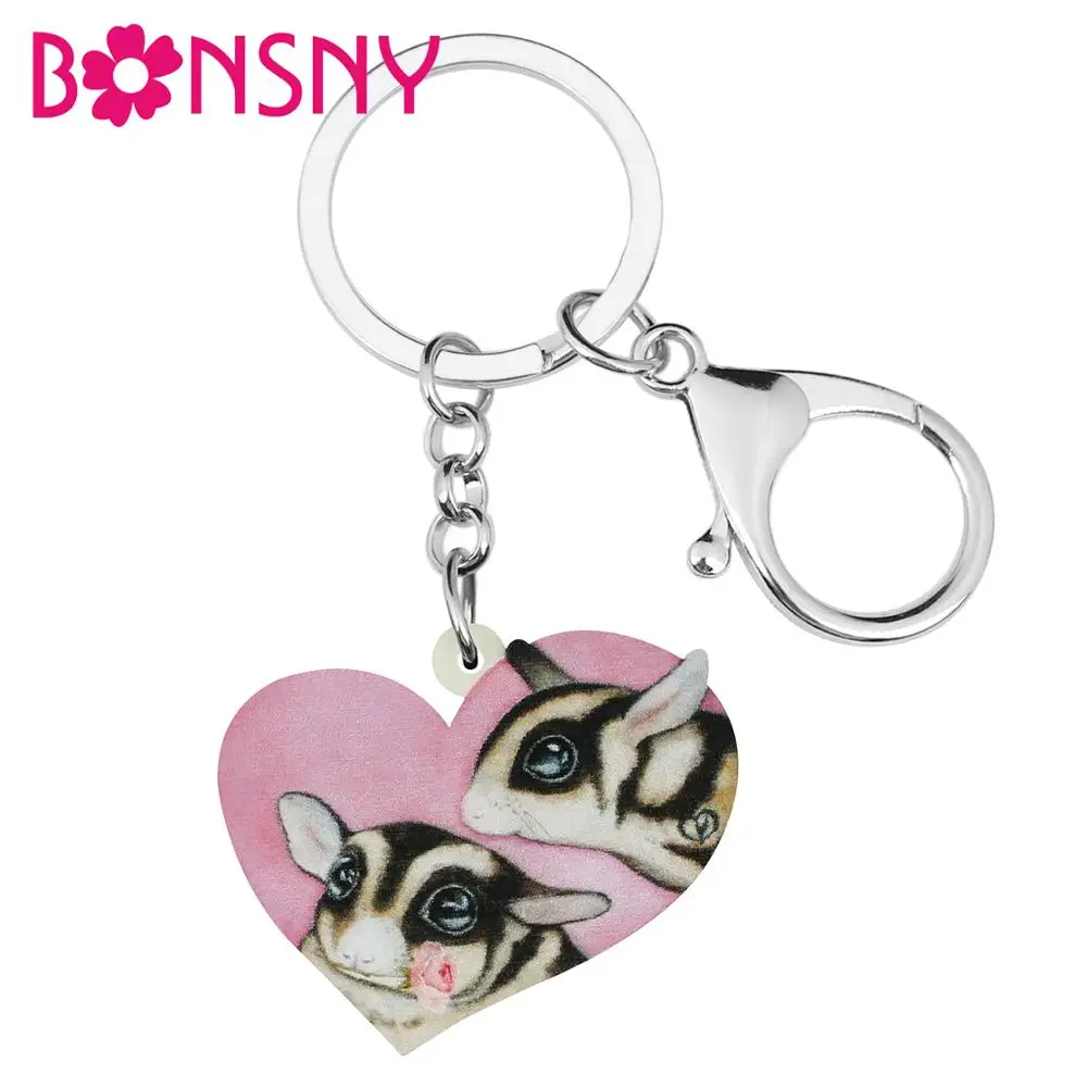 Bonsny Acrylic Heart Lovely Honey Glider Mouse Keychains Keyring Animal Key Chain Jewelry For Women Men Kids Gift Car Decoration