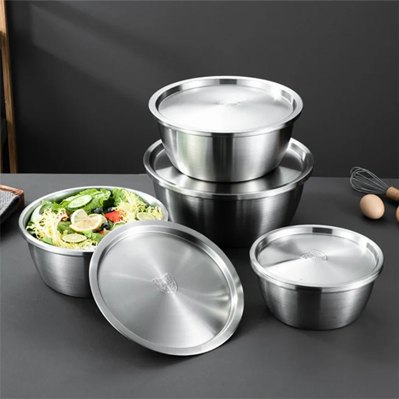 Stainless Steel Salad Bowls with Lid Fruit Vegetables Soup Bowl Tableware Cream Egg Mixer Food Container Kitchen Cooking Tools