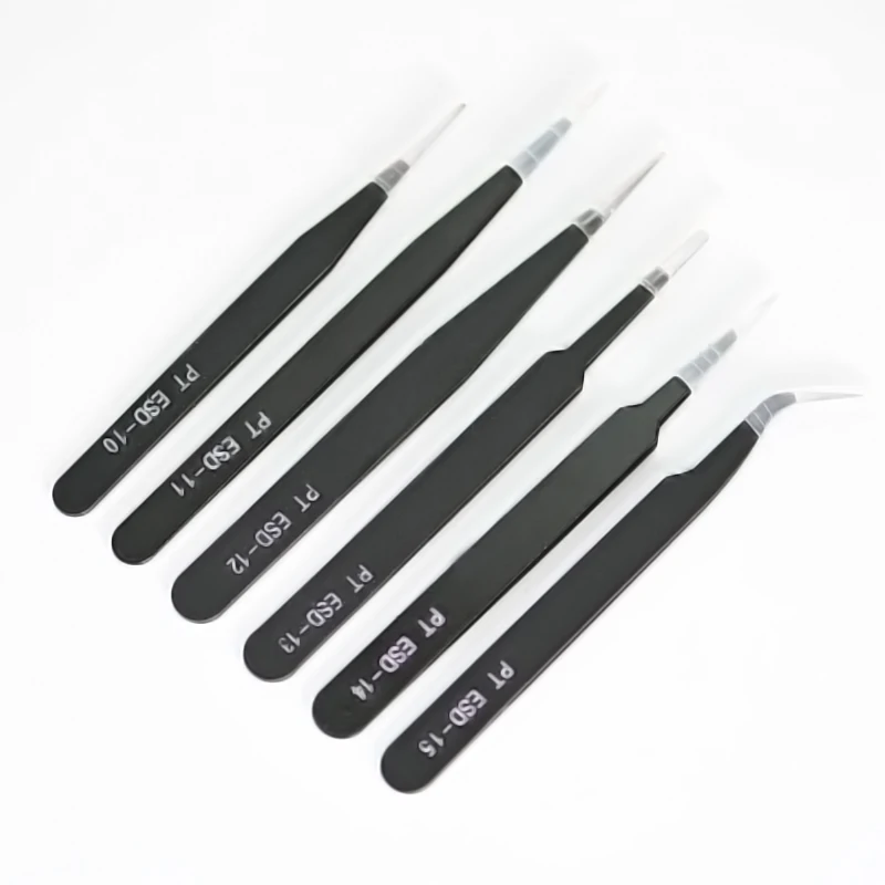 6pcs Anti-static ESD Stainless Steel Tweezers Maintenance Tools Industrial Precision Curved Straight Tweezers Repair Tools