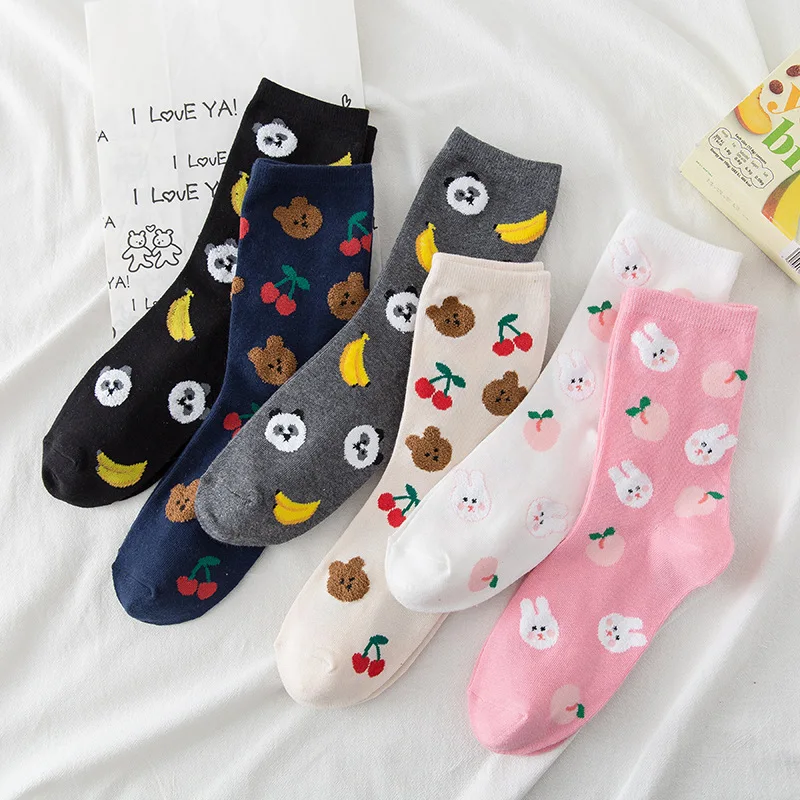 Skarpetki damskie malarstwo Panda niedźwiedź królik banan brzoskwinia wiśnia nadruki bawełniane Happy Tide skarpetki krótkie hiphopowy sweter Kawaii Sox